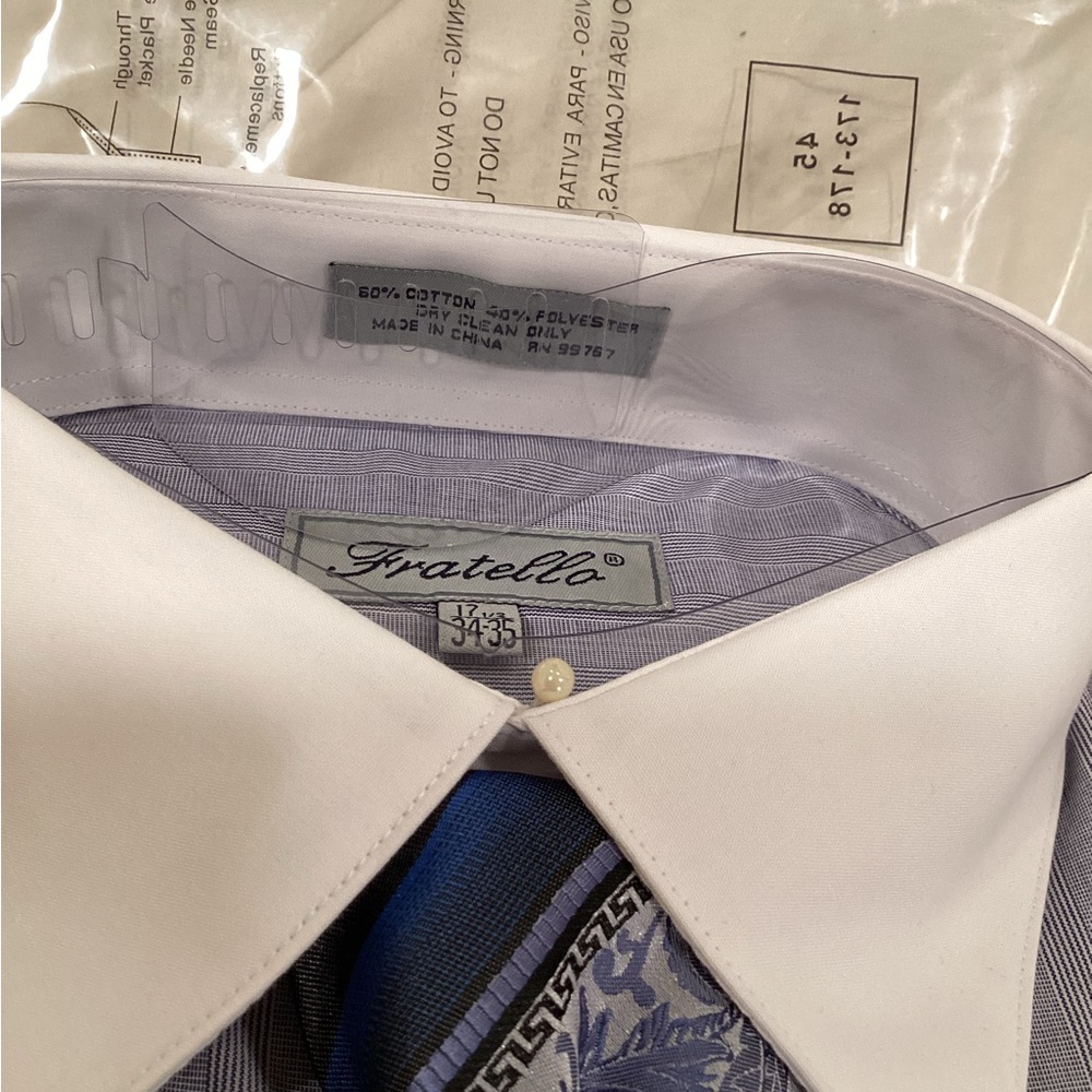 Fratello Men's Striped Blue Dress Shirt with Tie - Picture 6 of 6